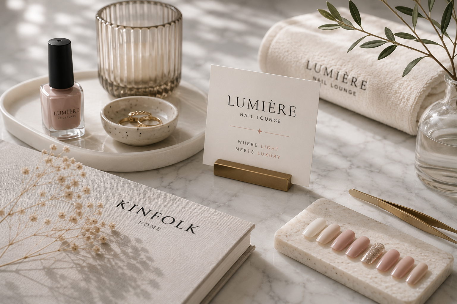 Lumière products, nail samples, and a Where Light Meets Luxury card on marble