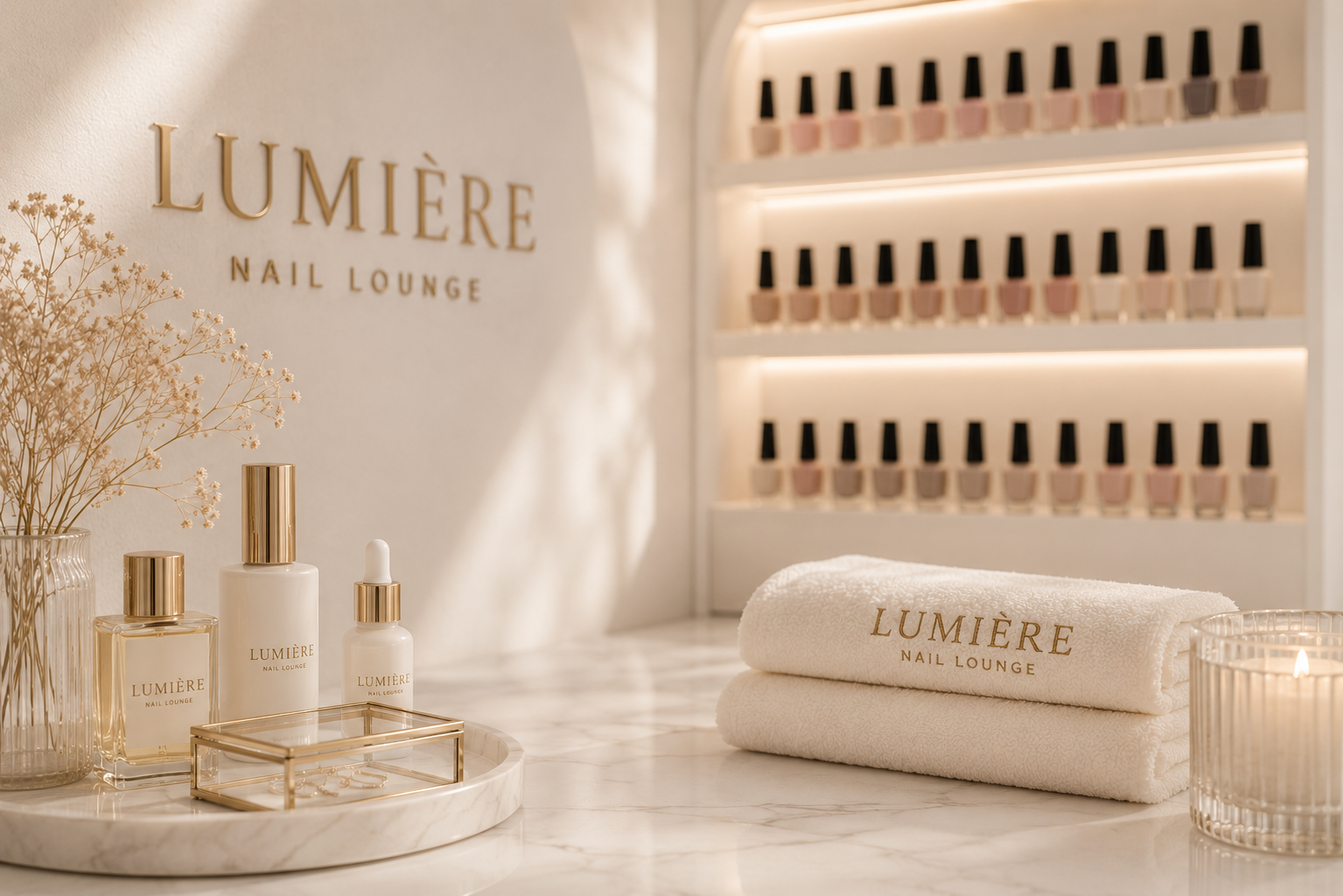 Lumière product display with towels and a wall of nail lacquers