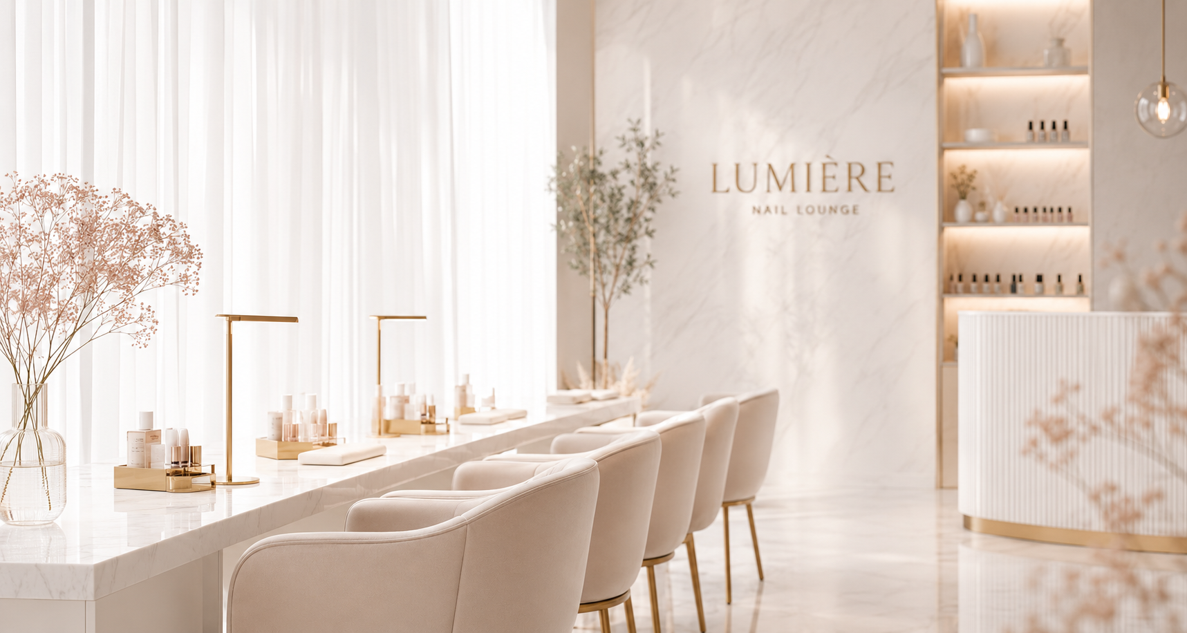 The bright marble interior of Lumière Nail Lounge, with a long manicure bar and soft natural light