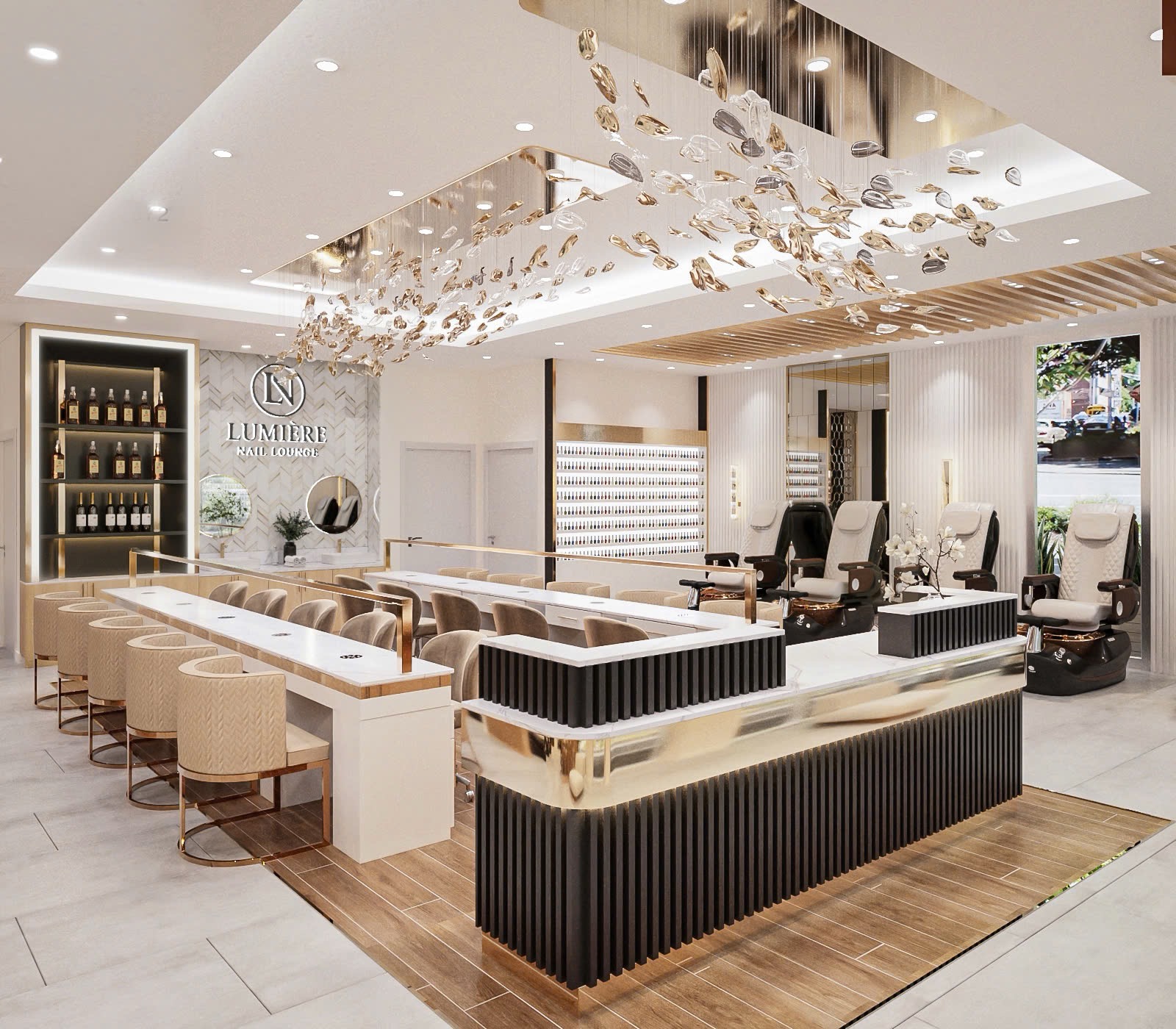 Interior of Lumière Nail Lounge with crystal chandelier
