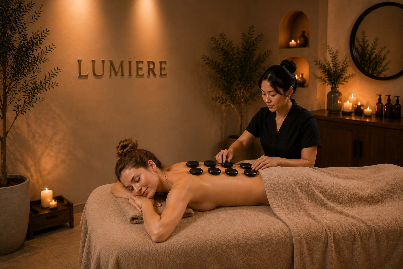 A candlelit hot-stone back massage at Lumière