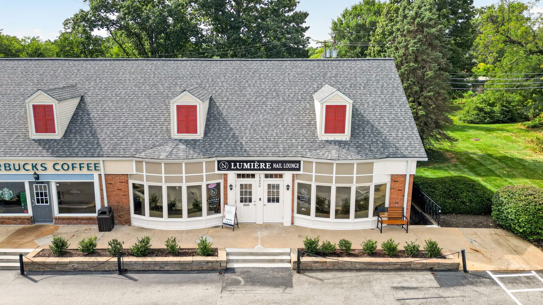 An aerial view of the lounge and its parking