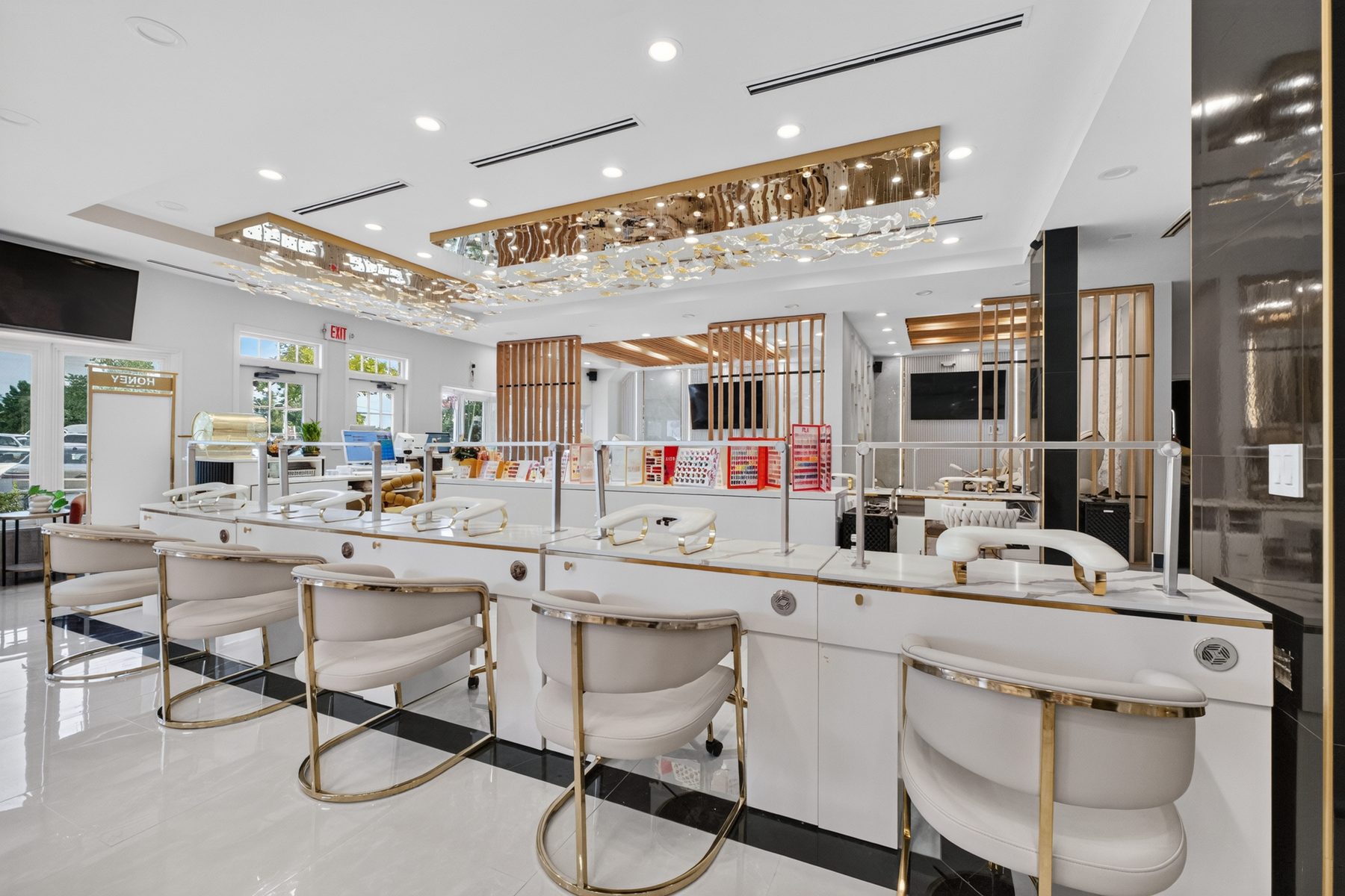 The manicure bar with cream leather seating