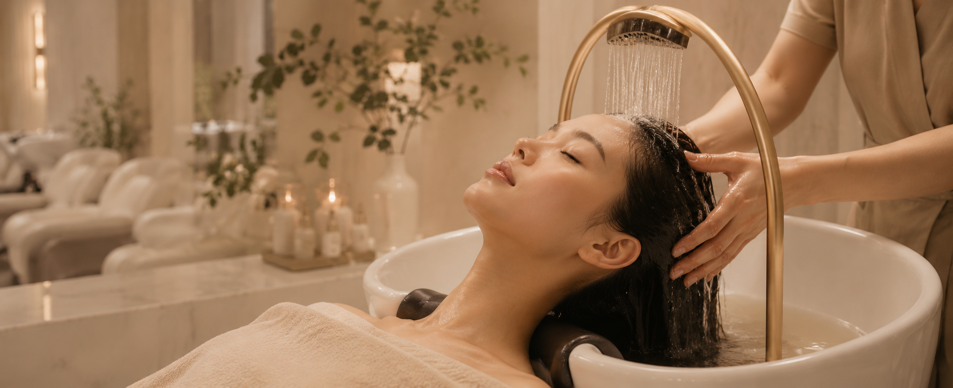 A warm scalp and hair rinse under a gold rainfall faucet at Lumière