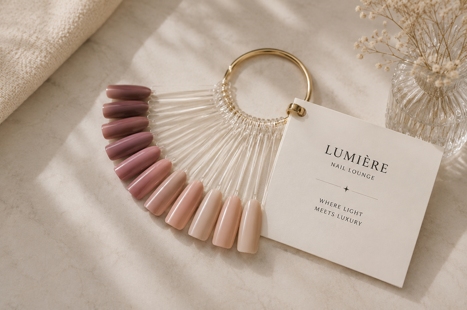 A fan of Lumière nail-color swatches